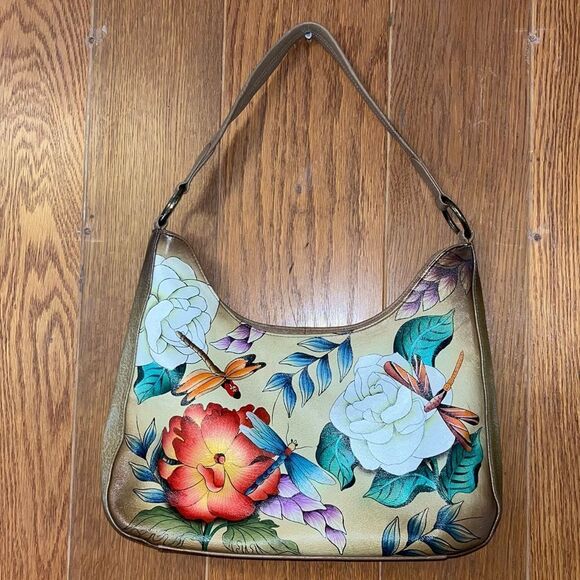 Anuschka Floral Dragonflies Hobo Shoulder Bag EUC Hand-Painted Leather Tan Red - Picture 7 of 10